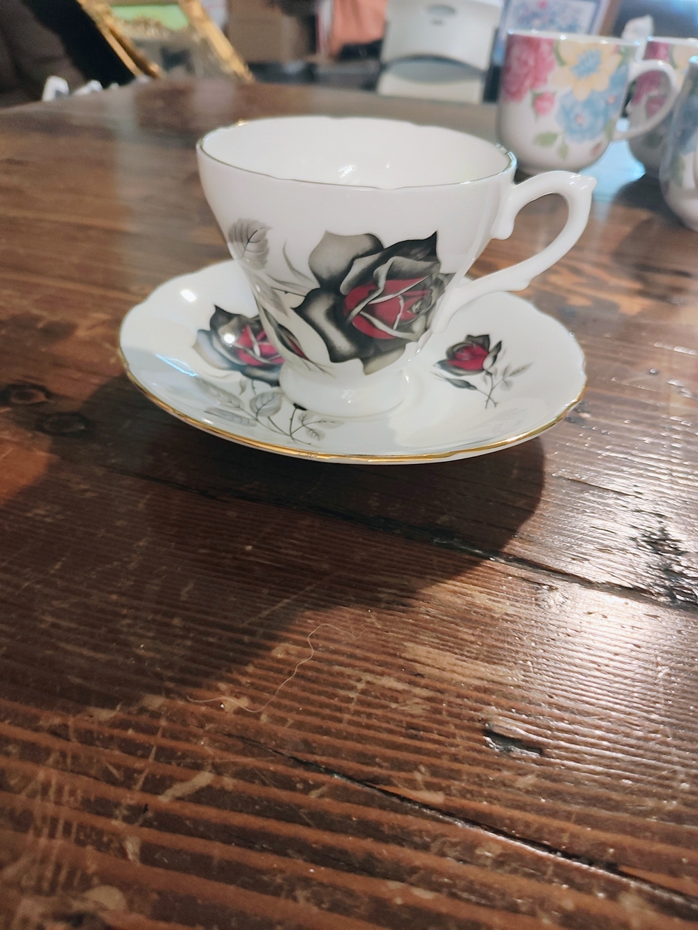 Windsor White Teacup and Saucer with Black and Red Rose Accents